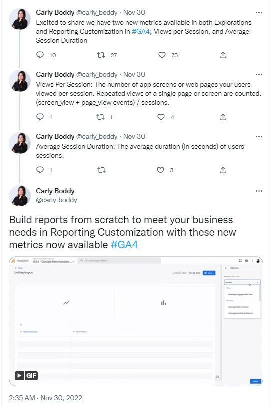 Ein Screenshot eines Tweets zur Berichtsanpassung mit diesen neuen Messwerten.