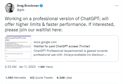 In einem Tweet von Greg Brockman heißt es, dass er an einer professionellen Version von ChatGPT arbeitet.