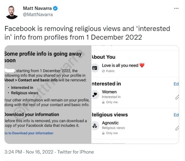 Facebook entfernt ab dem 1. Dezember 2022 Informationen zu religiösen Ansichten und Interessen aus Profilen