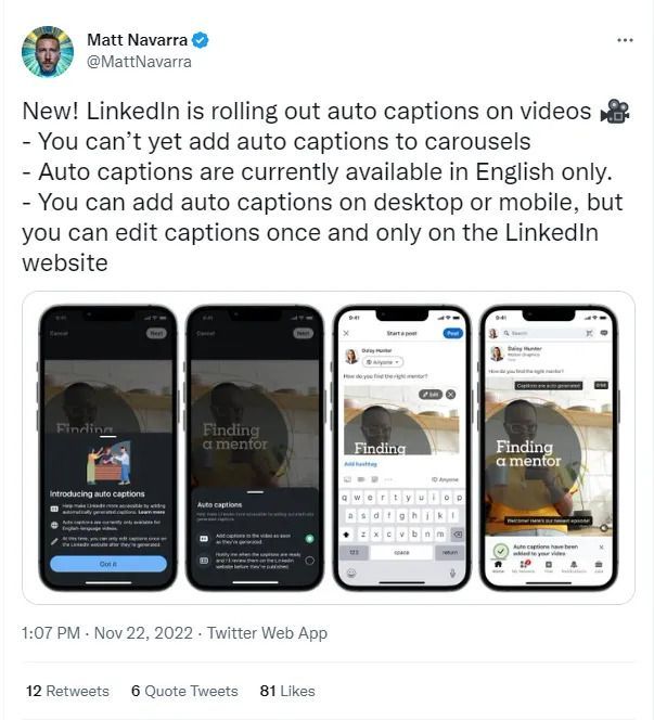 LinkedIn führt automatische Untertitel für Videos ein. Sie können Karussells noch keine automatischen Untertitel hinzufügen.