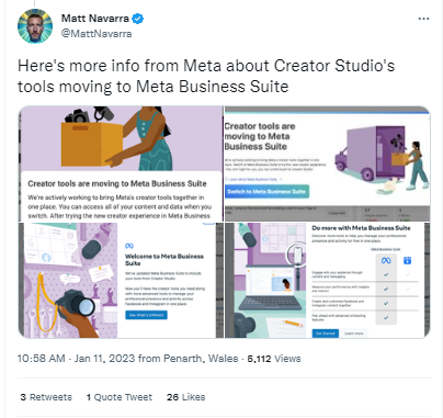 Ein Tweet von Matt Navarra zeigt weitere Informationen von Meta über die Verschiebung der Tools von Creator Studio in die Meta Business Suite.