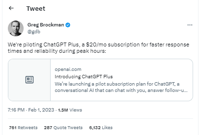 Ein Tweet von Greg Brockman besagt, dass sie einen Pilotabonnementplan für ChatGPT Plus starten.