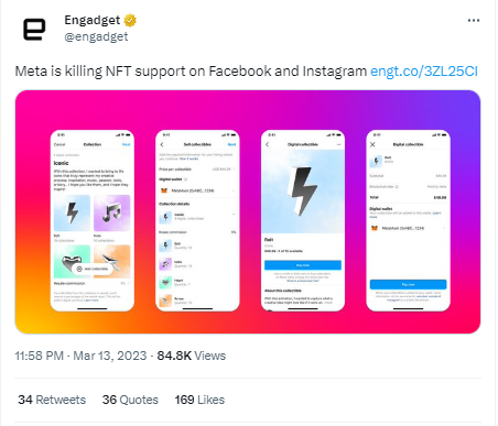 Beitrag von engadget bezüglich den NFTs für Instagram und Facebook