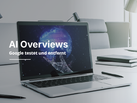 Laptop mit KI-Übersichten und einer Globusgrafik auf dem Bildschirm; weißer Schreibtisch.