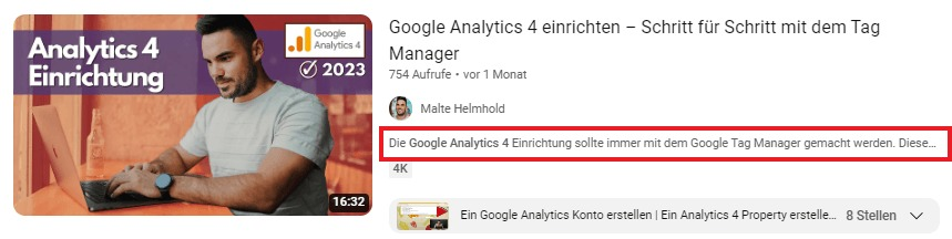 Screenshot von YouTube über das Einrichten von Google Analytics 4