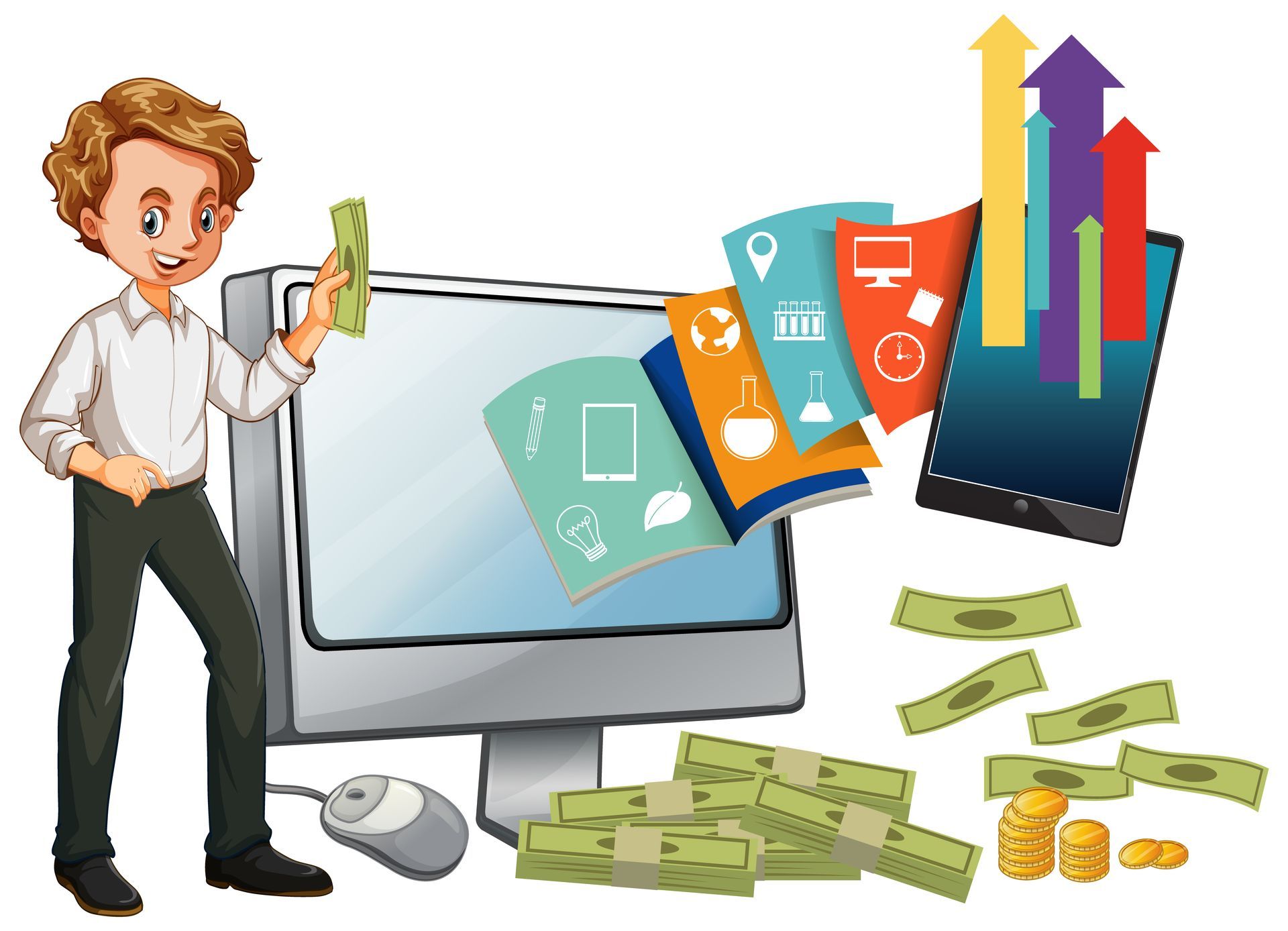 Ein Mann hält Geld in der Hand, ein Laptop zeigt Daten.