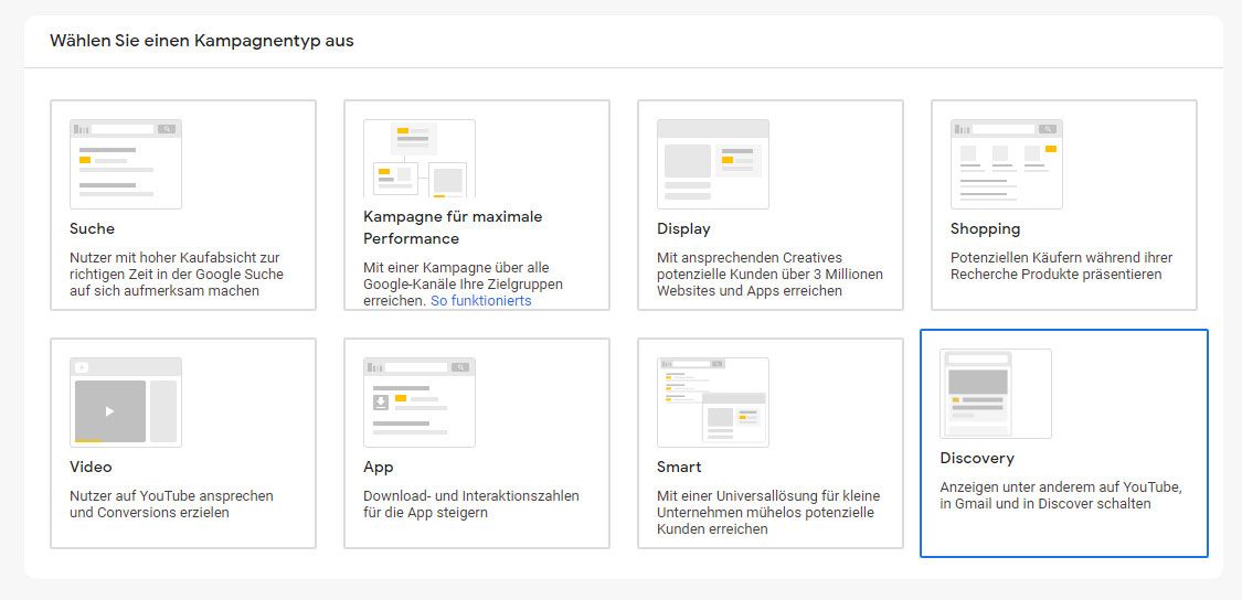 Screenshot Neue Google Discovery Kampagne einrichten