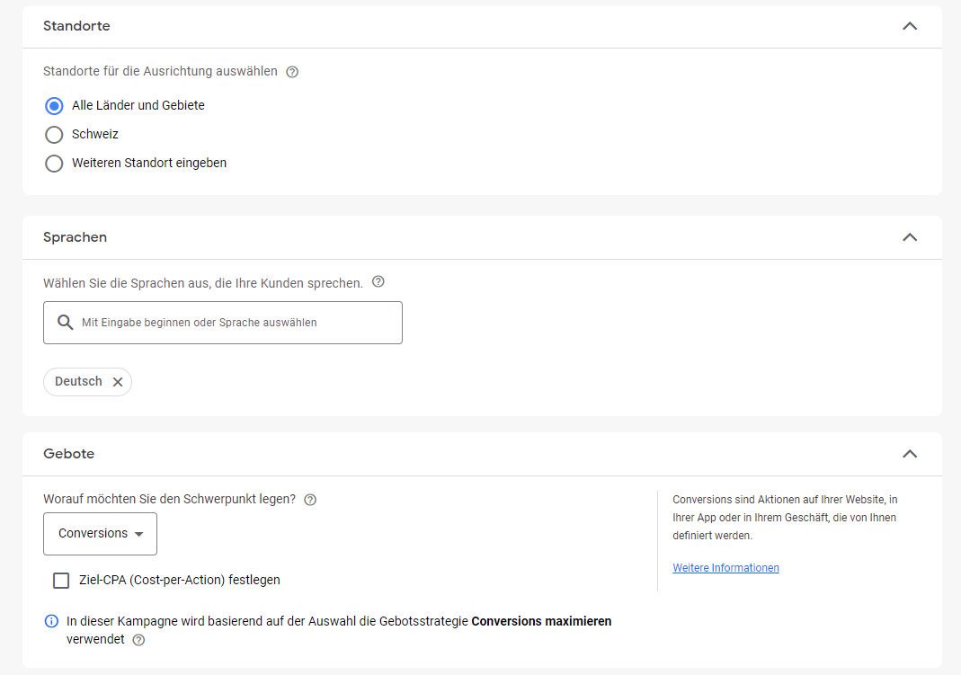 Screenshot Allgemeine Kampagneneinstellungen bestimmem