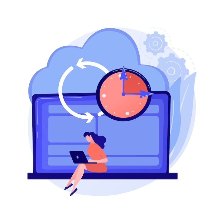 Frau arbeitet am Laptop und synchronisiert Daten mit der Cloud. Die Uhr symbolisiert Updates.