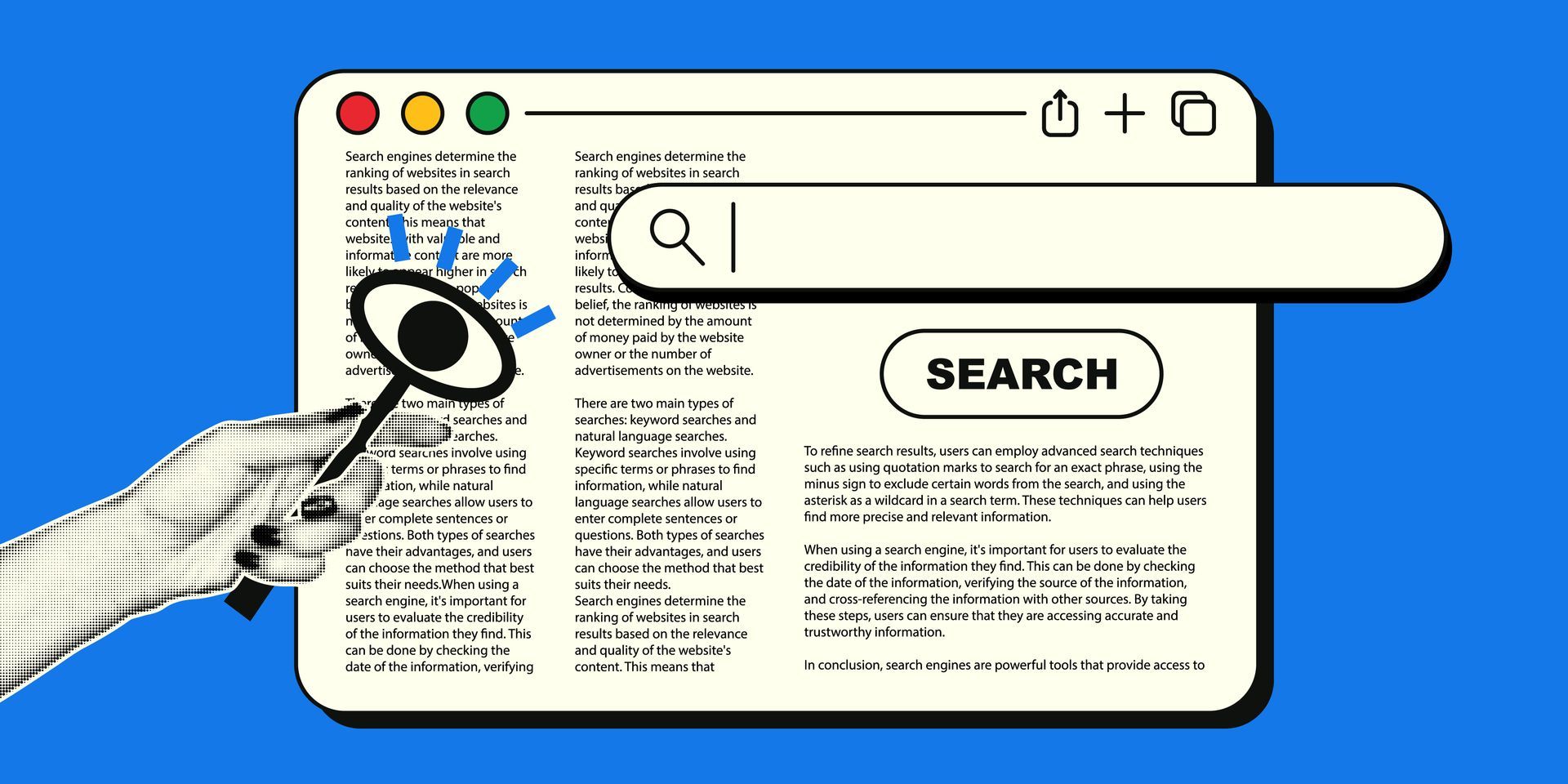 Hand hält eine Lupe über einen Text in einem Browserfenster; Suchleiste ist sichtbar.