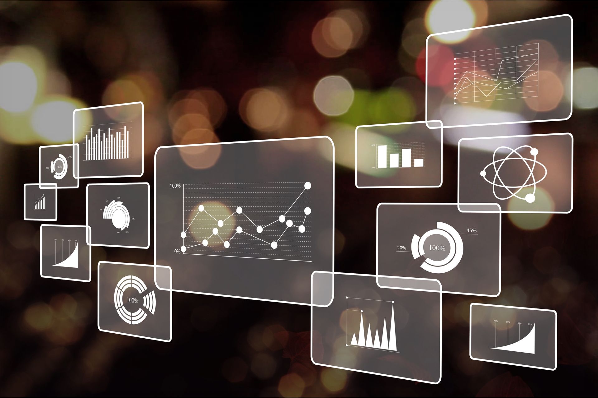 Fliegende durchsichtige Bildschirme, worauf Daten zusehen sind.
