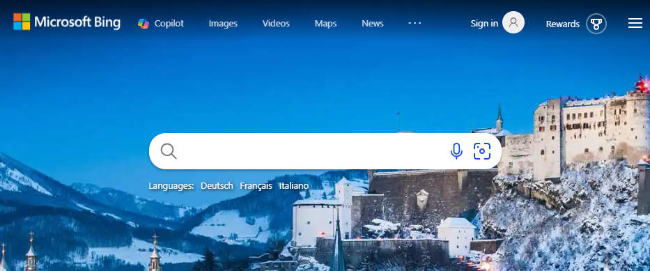 Eine microsoft bing-Suchseite mit einem Schloss im Hintergrund.