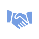 Ein blaues Handshake-Symbol auf weißem Hintergrund.