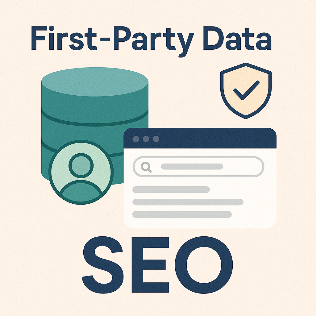 Illustration mit Datenbank, Nutzer-Icon, Browserfenster und Datenschutz-Schild zu First-Party Data und SEO.