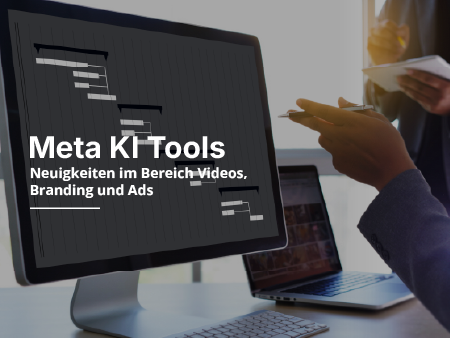 Eine Person zeigt auf einen Computerbildschirm mit der Aufschrift meta ki tools