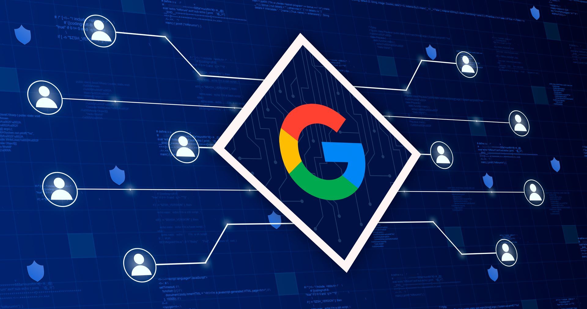 Ein Google-Logo in einem Quadrat auf blauem Hintergrund, umgeben von Menschen.