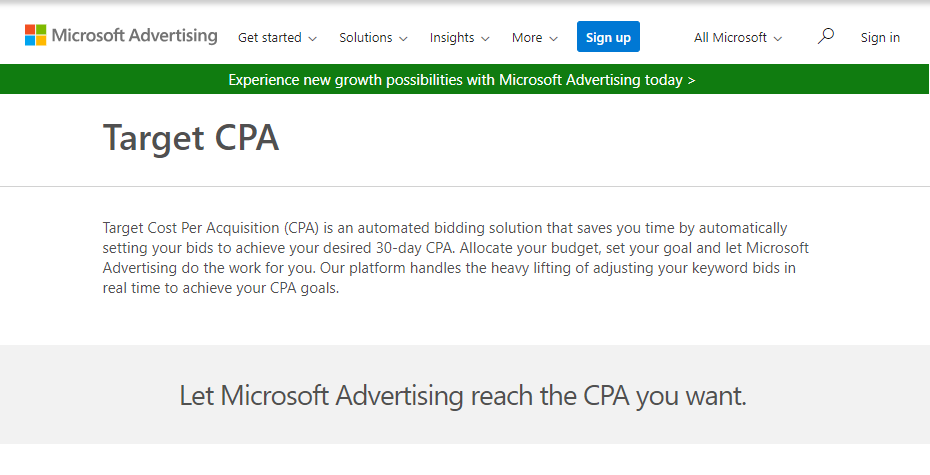 Microsoft Advertising webpage promoting Target CPA. Green banner, white background, text.