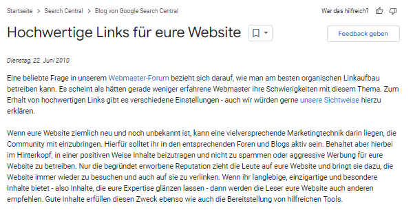 Deutscher Blogbeitrag über hochwertige Website-Links. Der Text befindet sich auf einer Seite von Google Search Central.