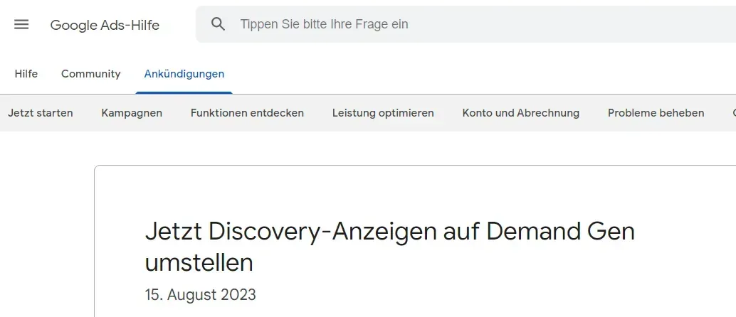 Screenshot einer Google Ads-Oberfläche mit einer Aufforderung zum Wechsel von Discovery-Anzeigen zu Demand Gen.