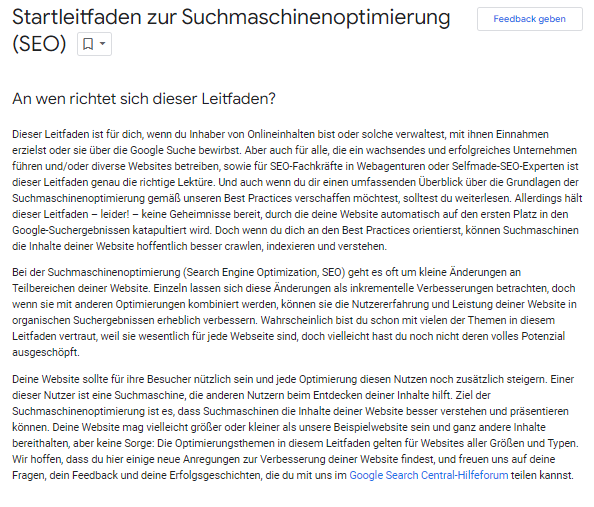 Screenshot von einem Text über SEO