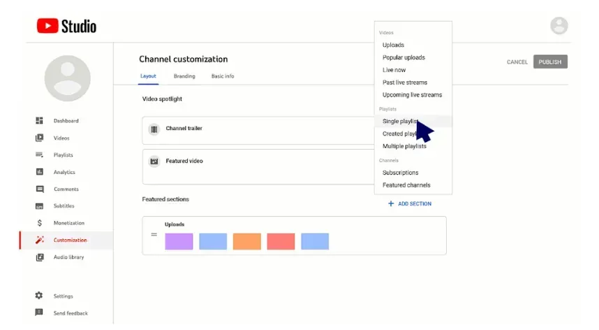 YouTube Studio-Oberfläche: Kanal-Anpassung, Rechtsklick-Menü zeigt die Option „Highlights erstellen“ hervorgehoben an.