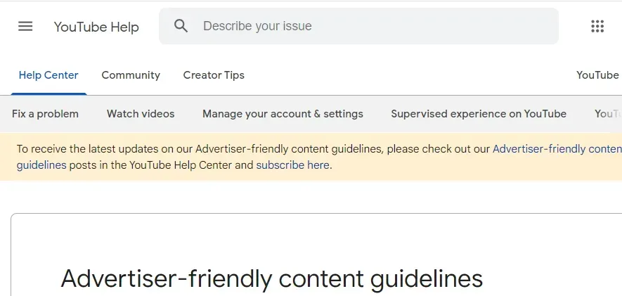 YouTube-Hilfeseite mit Suchleiste und Navigationslinks, hervorgehoben sind die „Richtlinien für werbefreundliche Inhalte“.