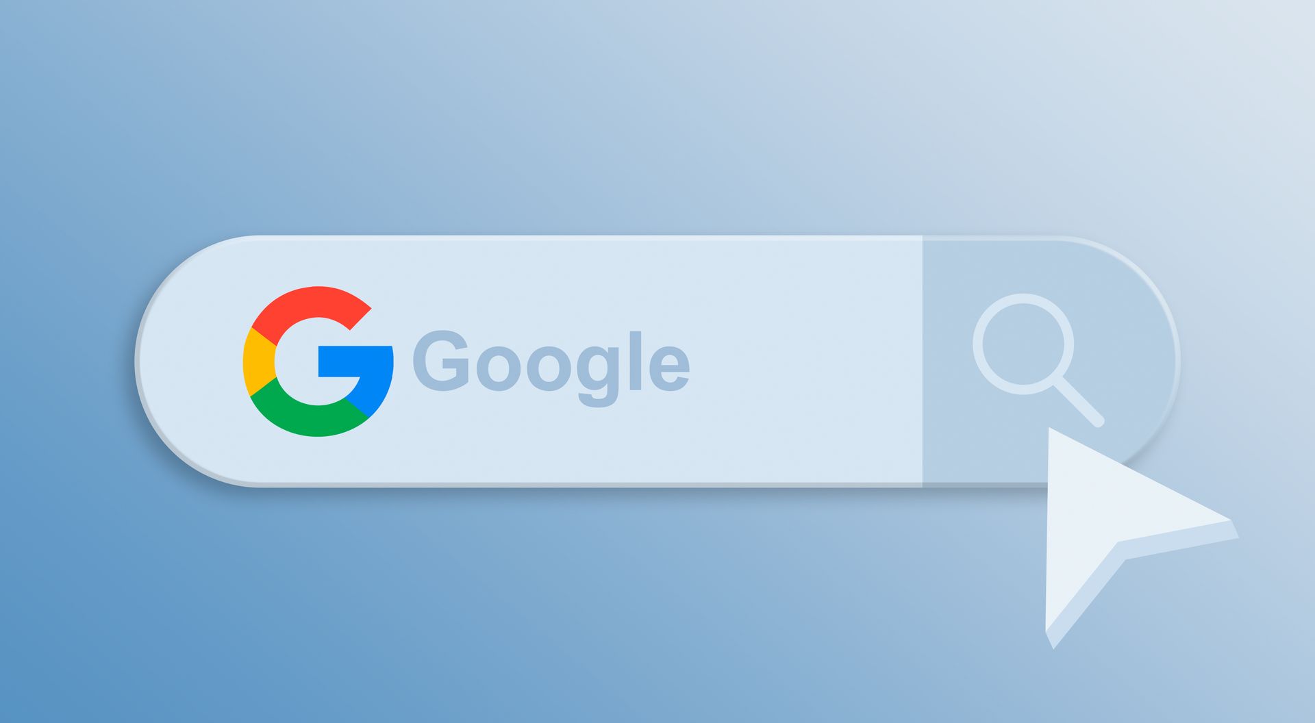 Eine Google-Suchleiste mit einer Lupe und einem Pfeil, der auf sie zeigt.