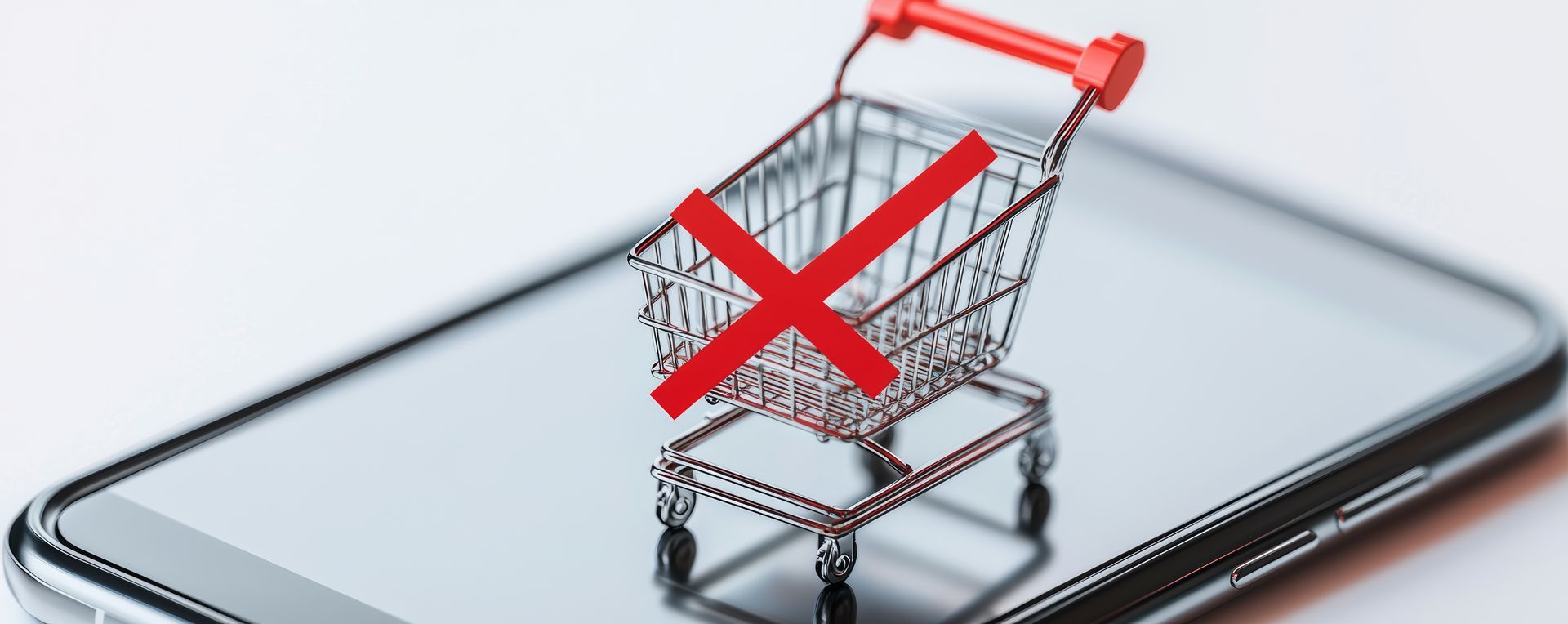 Ein rotes X über einem kleinen Einkaufswagen auf einem Smartphone-Bildschirm, das das Unterbrechen des Online-Einkaufs symbolisiert.