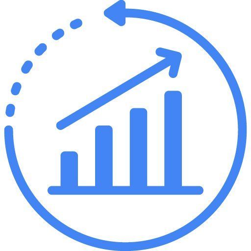 Ein blaues Symbol eines Diagramms mit einem nach oben zeigenden Pfeil in einem Kreis.