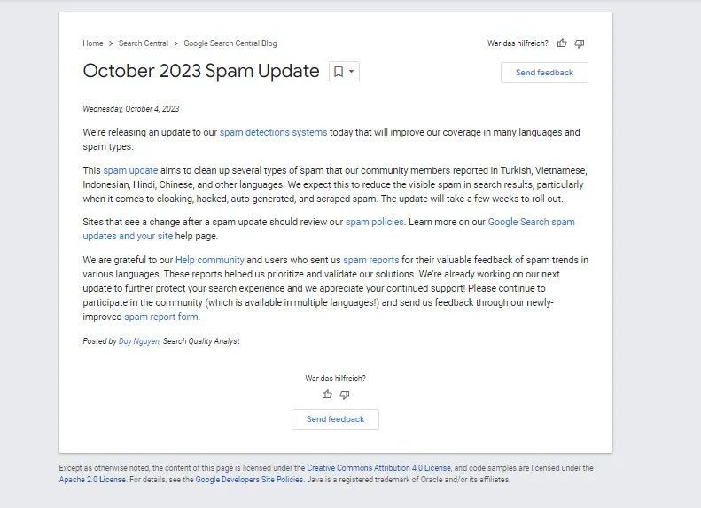 Fenster mit dem Oktober 2023 Spam Update