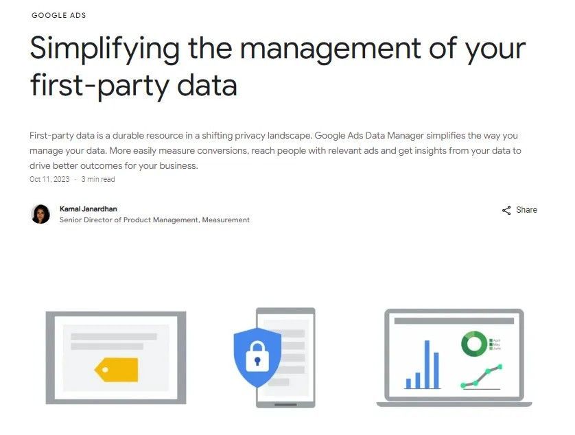 Google Ads-Bildschirm zeigt einen Blogpost über first-party-data