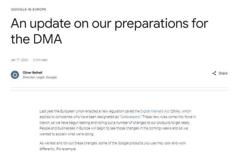 Screenshot eines Blogposts mit Updates zum DMA