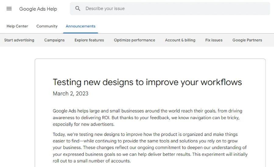 Screenshot des Google Ads Help Centers mit einem Blogpost über UI-Verbesserungen
