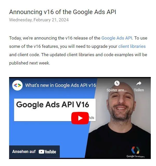 Screenshot der Neuerungen der API von Google Ads