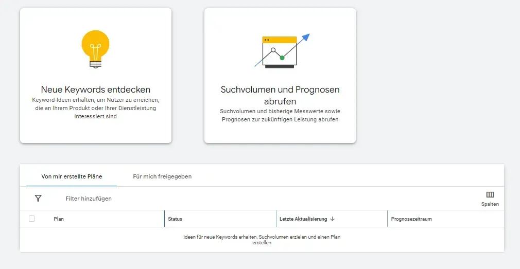 Google Ads-Oberfläche mit Tools zur Keyword-Recherche. Zeigt Optionen zum Finden von Keywords und zur Überwachung der Leistung an.