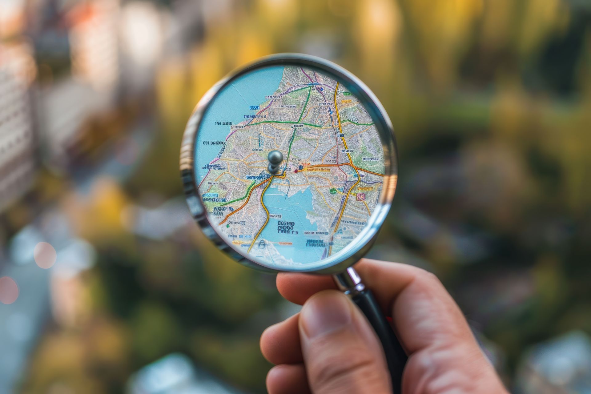 Hand hält eine Lupe über eine Karte und fokussiert auf einen Küstenbereich mit Strassen.