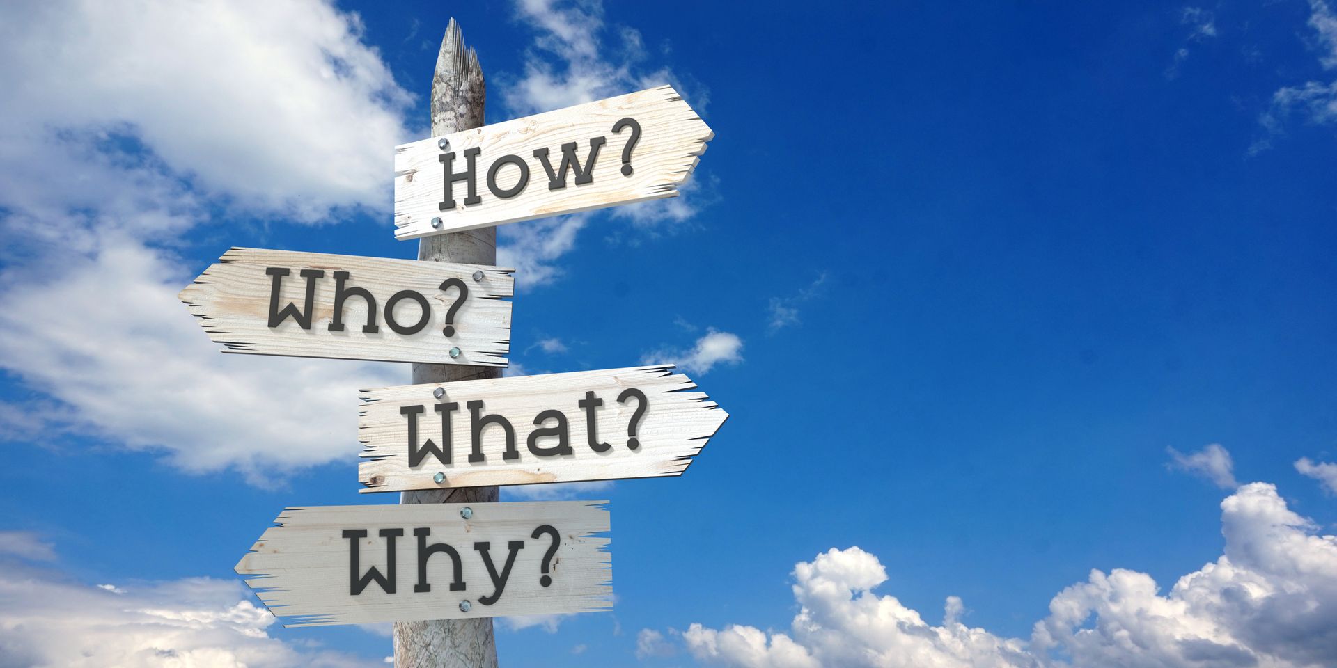 Vier Holzschilder an einem Pfosten vor einem bewölkten blauen Himmel, beschriftet mit „Wie?“, „Wer?“, „Was?“ und „Warum?“.