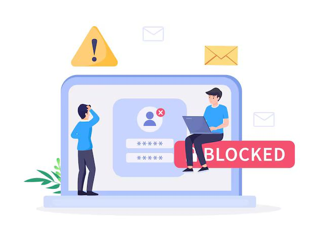 Zu sehen ist eine Zeichnung von einem Laptop sowie zwei Personen, die verwirrt wirken, da die Website geblockt ist.