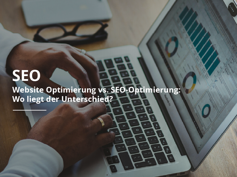 A person is typing on a laptop with the words seo website optimization vs. seo-optimization