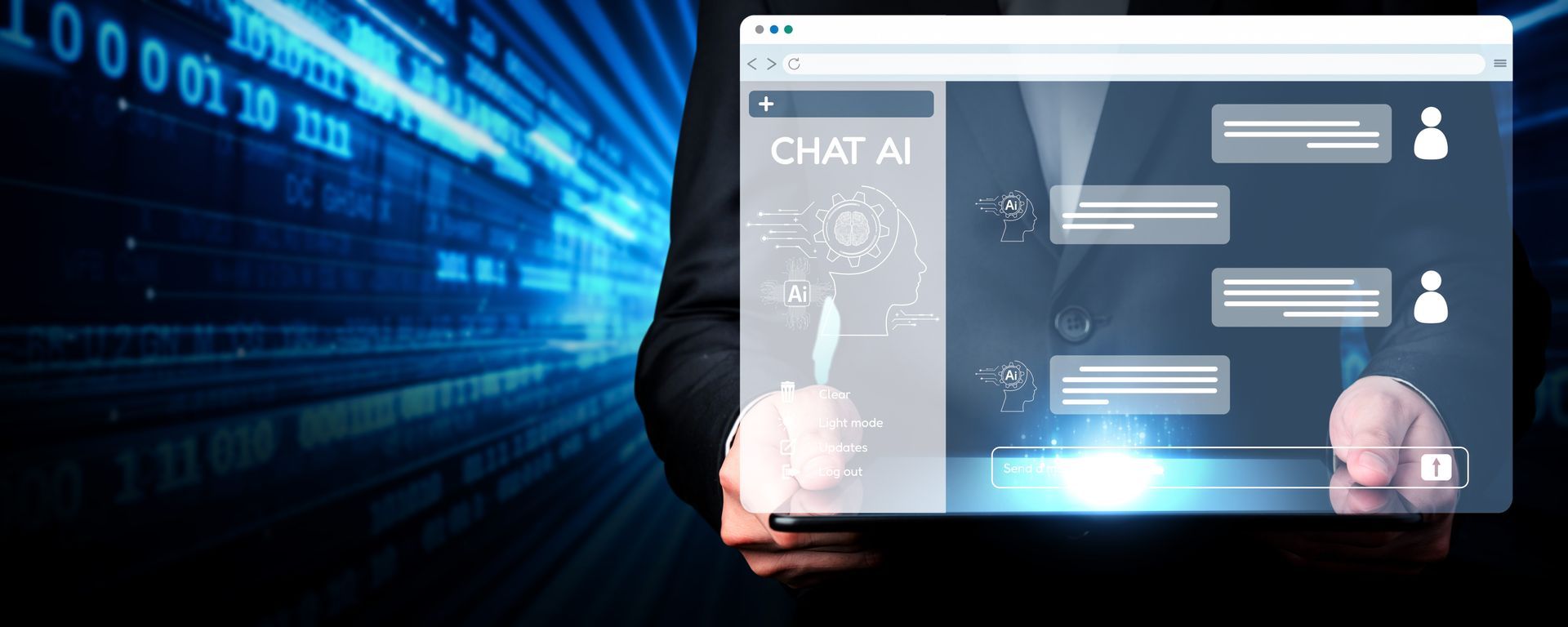 Hände tippen auf einem Laptop mit einer Software-Oberfläche, graue Balken und Strichmännchen anzeigt, auf einem schwarzen Tisch.