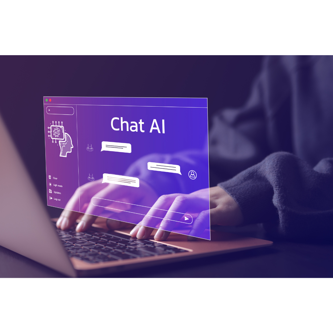 Eine Person tippt auf einem Laptop mit einem Bildschirm, auf dem „chat ai“ steht.