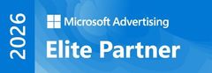 Microsoft Advertising Elite Partner 2026 Logo auf blauem Hintergrund

