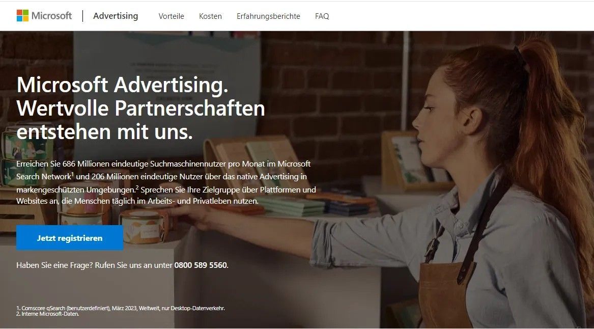 Screenshot der Microsoft Advertising Startseite