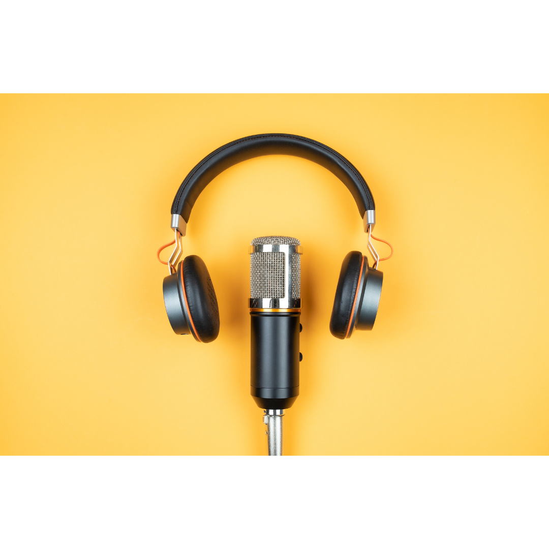 A pair of headphones and a microphone on a yellow background.