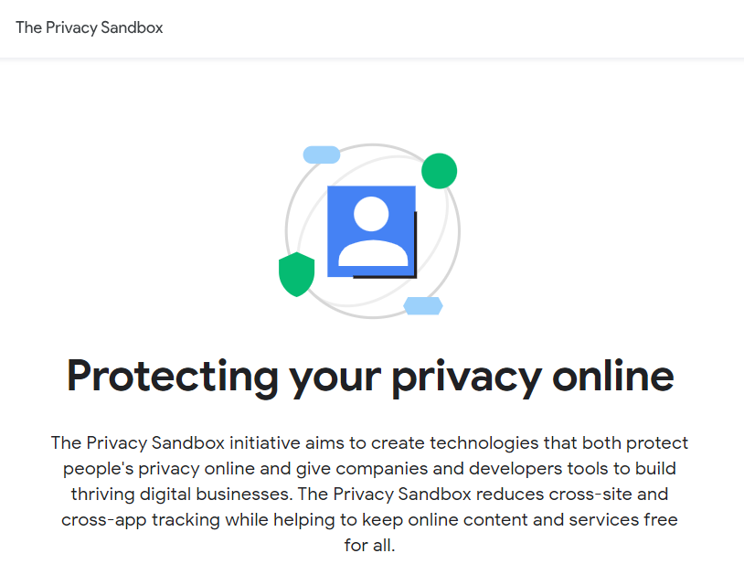 Illustration für die Privacy Sandbox-Initiative: eine Personensymbol in einem Kreis, umgeben von bunten Formen, Text darunter.