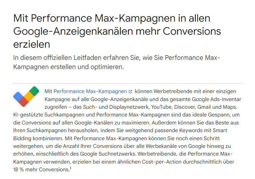 Werbung für Google Performance Max-Kampagnen, Text auf weissem Hintergrund, mit Google-Logo und hervorgehobenen Hauptfunktionen.