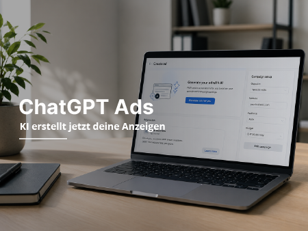 Laptop auf einem Schreibtisch, überlagert von den deutschen Texten „ChatGPT Ads“ und „KI erstellt je