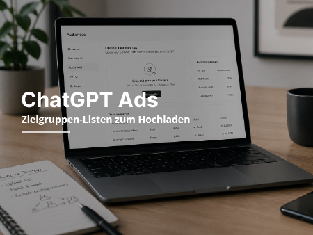 Laptop, auf dem „ChatGPT-Anzeigen“ in einem Arbeitsbereich mit einem Notizbuch und einem Smartphone 