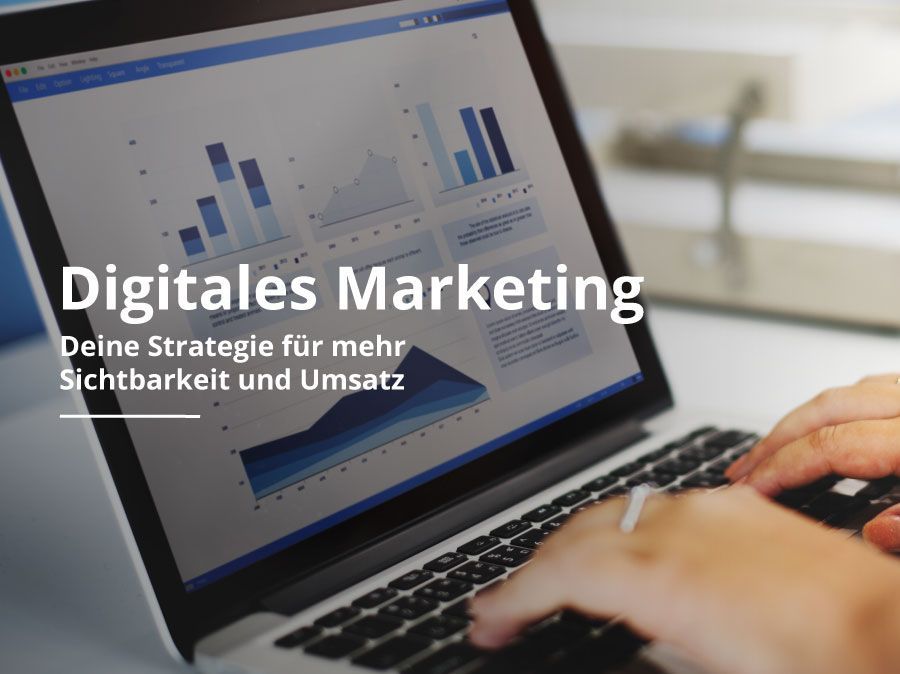 A person is typing on a laptop that says digitales marketing