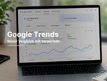 Laptop Bildschirm Google-Trends-Analysen mit einem Liniendiagramm und Text